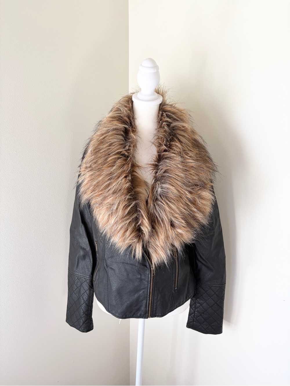 BB Dakota Black Faux Leather Jacket with Faux Fur Shawl Collar